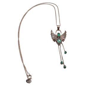 Vtg Silver Scarab Pendant Necklace 18” Green Gems Tassel Whimsigoth Fairy 925